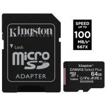 Kingston Micro SD Canvas Select Plus 64GB 100MB/s + Adapter geheugenkaart